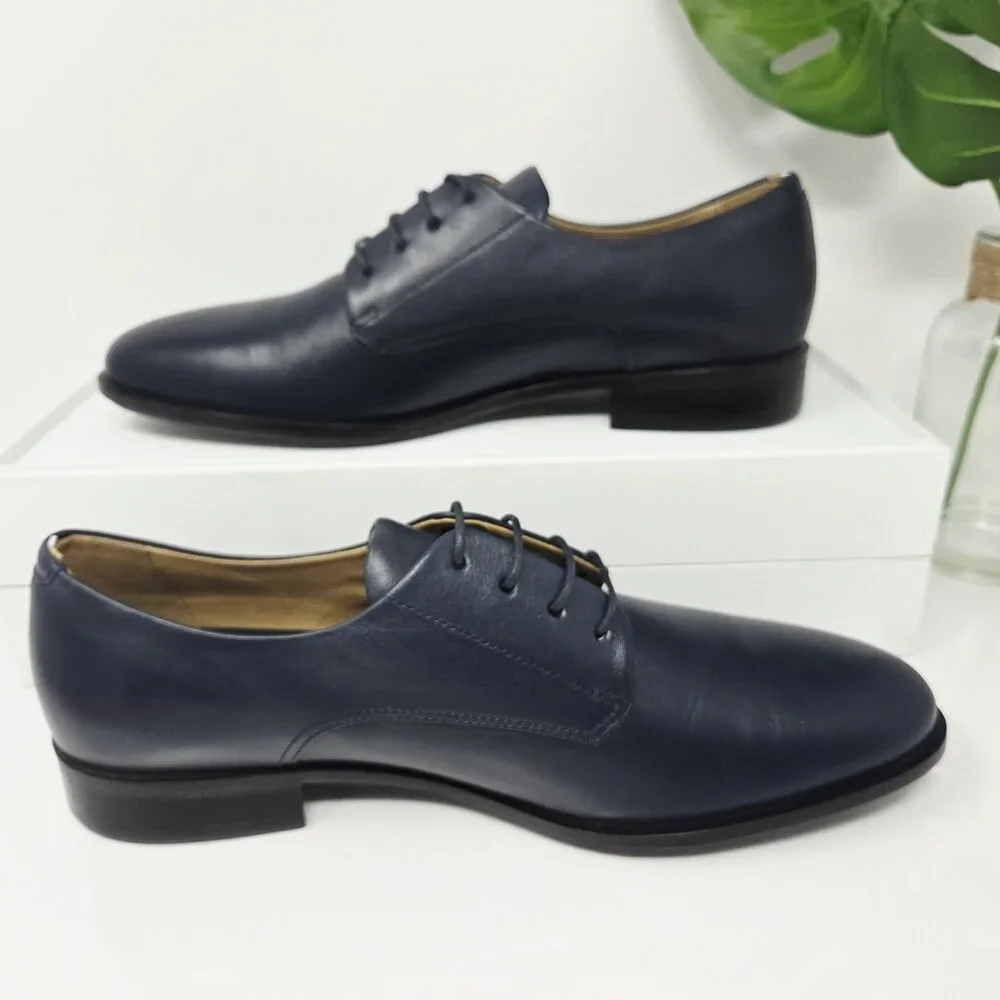 Hugo Boss Mens 9.5 Colby Navy Blue Lace-Up Oxfords Shoes Leather Dress